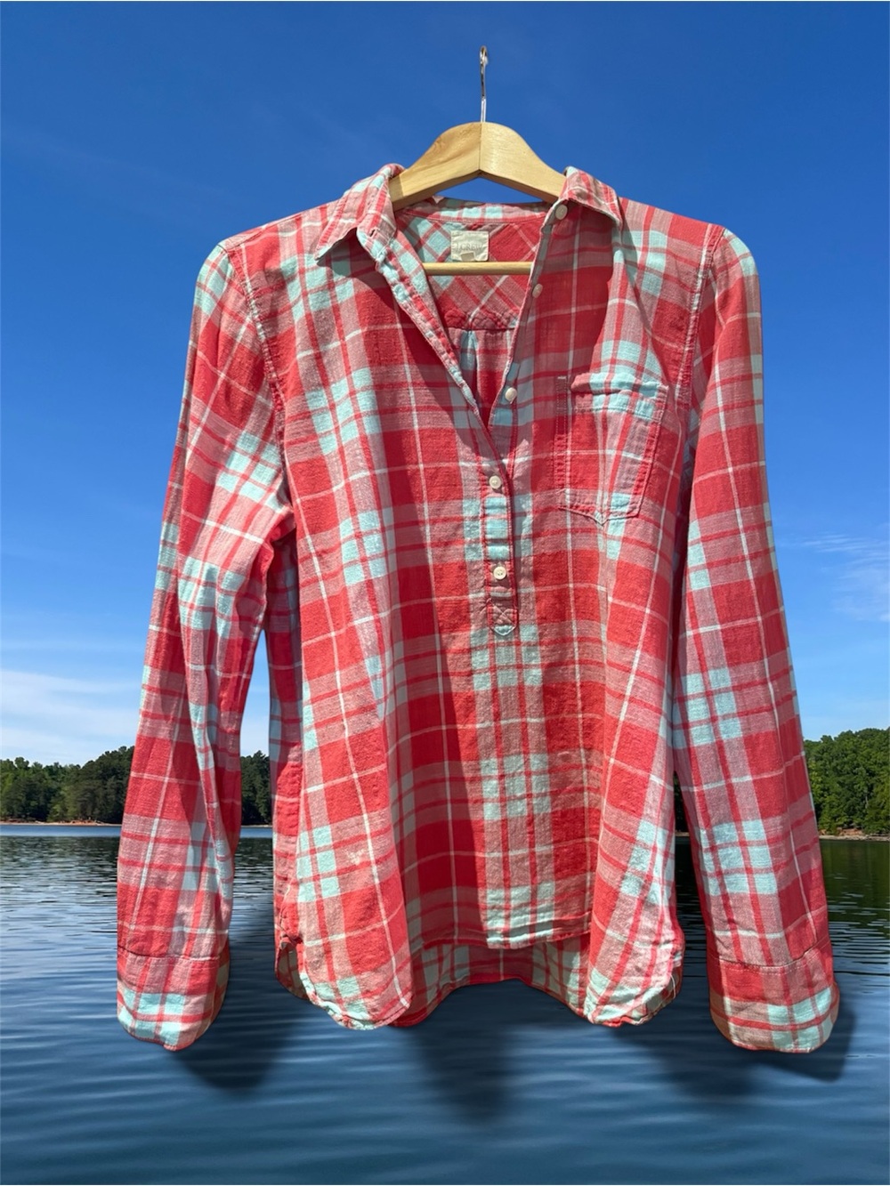 J. Crew Red and Light Turquoise Plaid Cotton Blouse